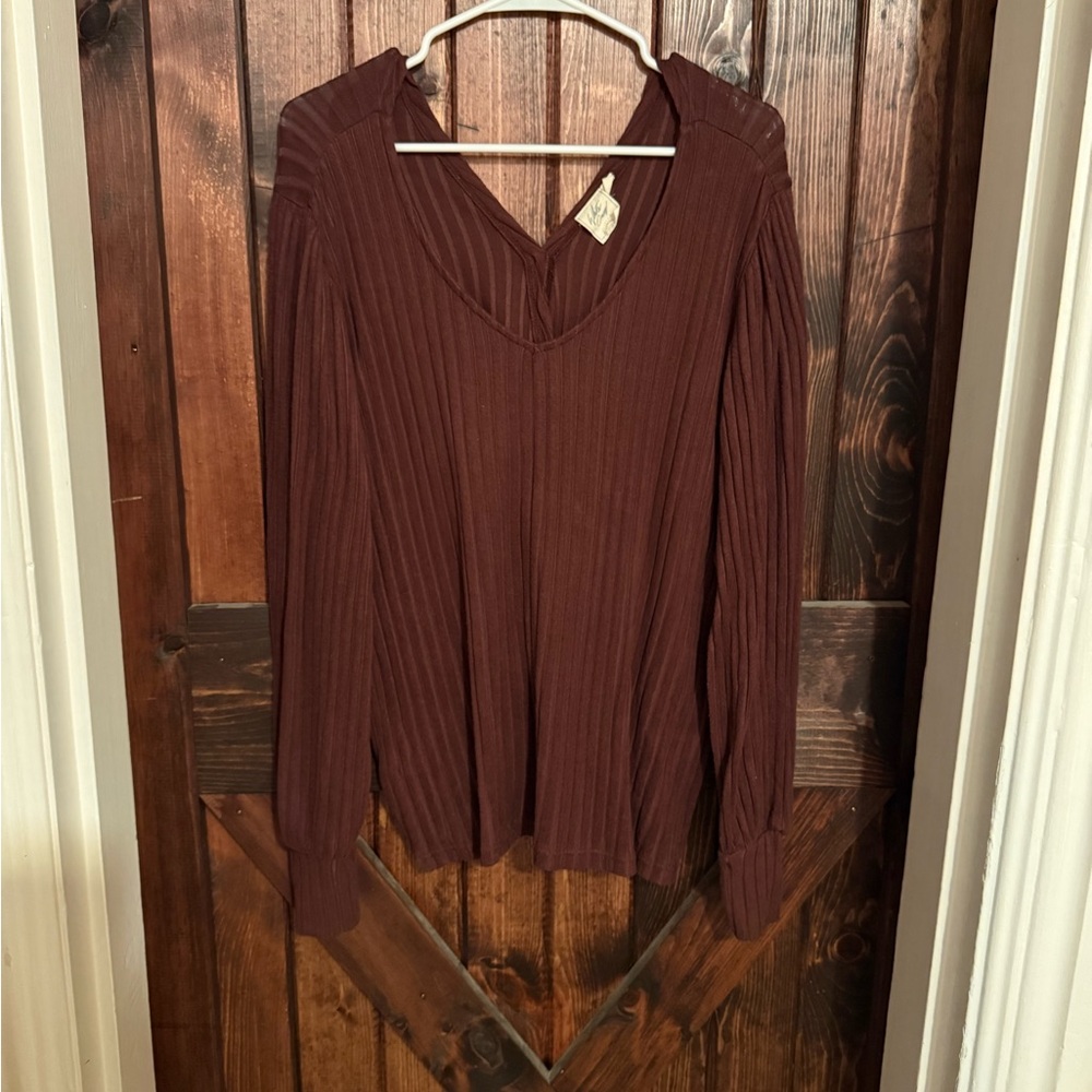 Buckle Women's Ribbed V-Neck Blouse - Brown